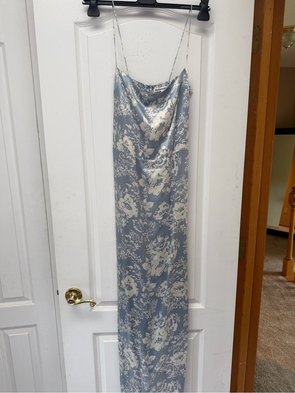 Reformation Silver-Blue Floral Satin Slip Maxi Dress